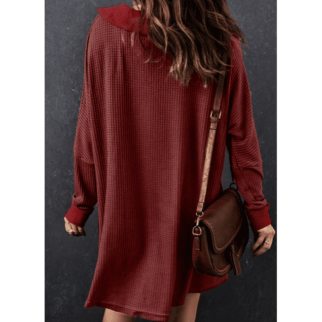 Vernee Red Waffle Knit Buttoned Long Sleeve Top