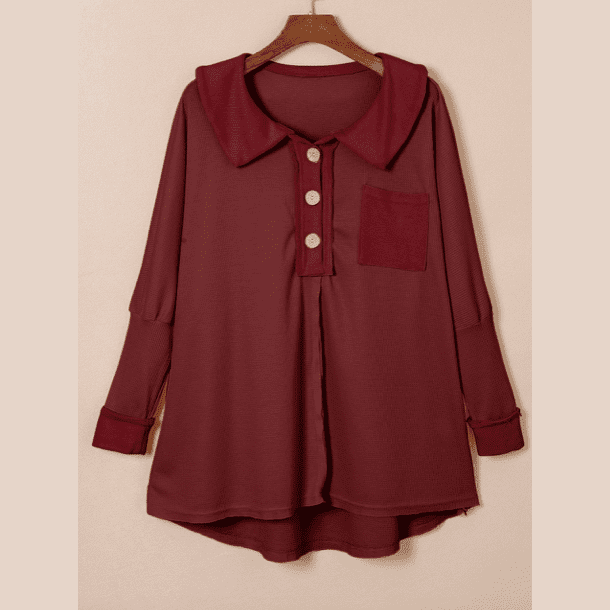 Vernee Red Waffle Knit Buttoned Long Sleeve Top