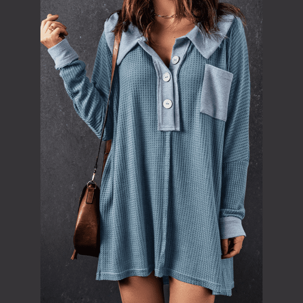 Vernee Blue Waffle Knit Buttoned Long Sleeve Top