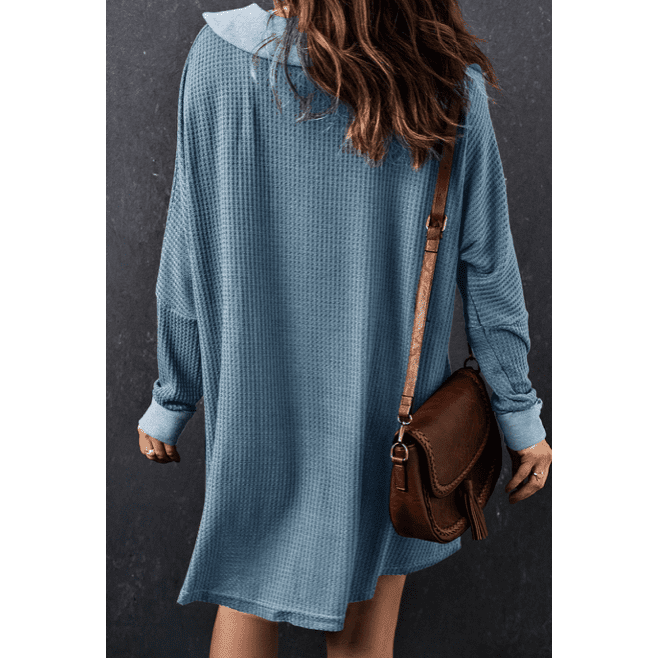 Vernee Blue Waffle Knit Buttoned Long Sleeve Top