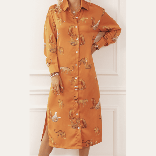 Tracie Mustard Cheetah Print Button-Up Split Shirt Dress