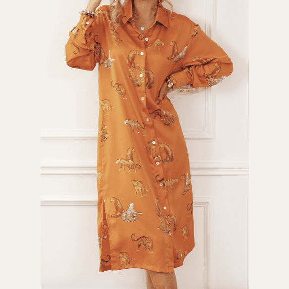 Tracie Mustard Cheetah Print Button-Up Split Shirt Dress