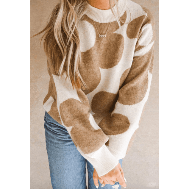 Selena Khaki Big Flower Pattern Drop Shoulder Sweater