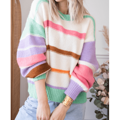 Astrid Multicolor Striped Colorblock Drop Shoulder Sweater