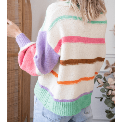 Astrid Multicolor Striped Colorblock Drop Shoulder Sweater