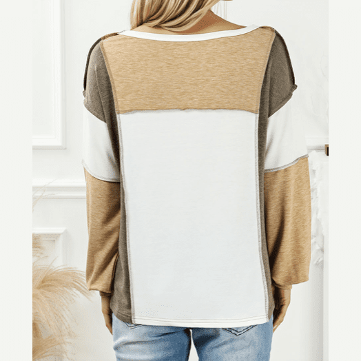 Lexia Khaki Exposed Seam Color Block Patchwork Top