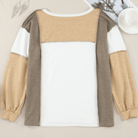 Lexia Khaki Exposed Seam Color Block Patchwork Top