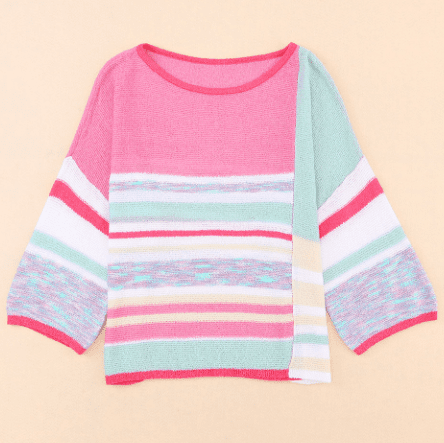 Fallon Pink Color Block Striped Three-Quarter Sleeve Knitted Top