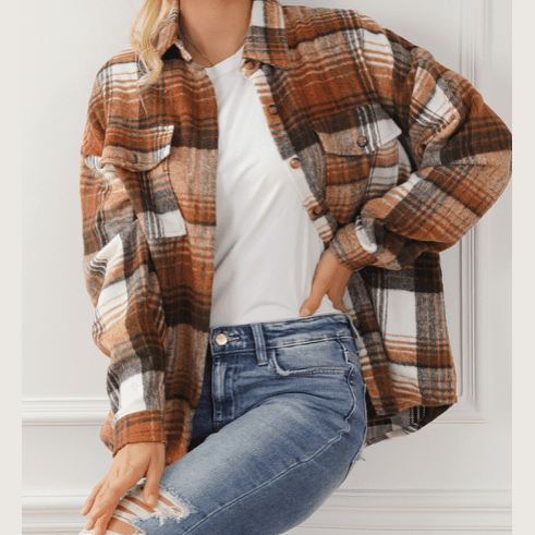 Pollyetta Brown Plaid Flap Pockets Shacket