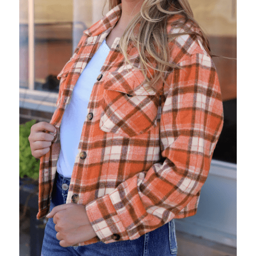 Savannah Orange Plaid Button-Up Flap Pocket Jacket