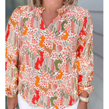 Ivie Orange Printed Split V Neck Puff Sleeve Blouse - Small to 3X