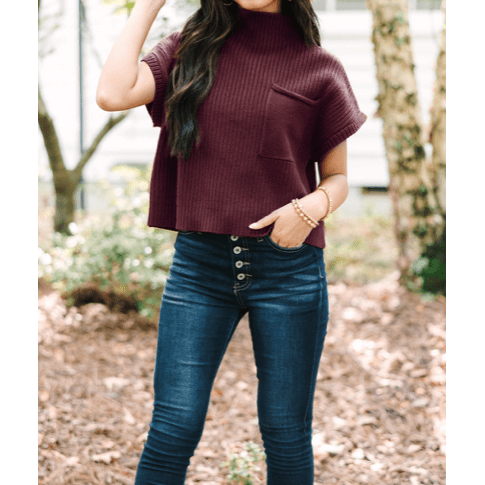 Daney Wine Patch Pocket Ribbed Knit Short Sleeve Sweater