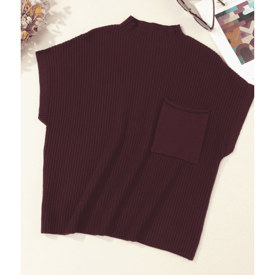 Daney Wine Patch Pocket Ribbed Knit Short Sleeve Sweater