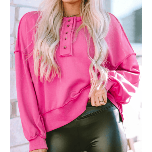 Loela Pink Drop Shoulder Henley Buttons Sweatshirt