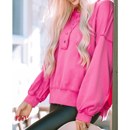 Loela Pink Drop Shoulder Henley Buttons Sweatshirt