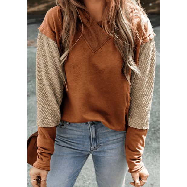 Cally Chestnut Contrast Sleeves Patchwork Colorblock Hoodie