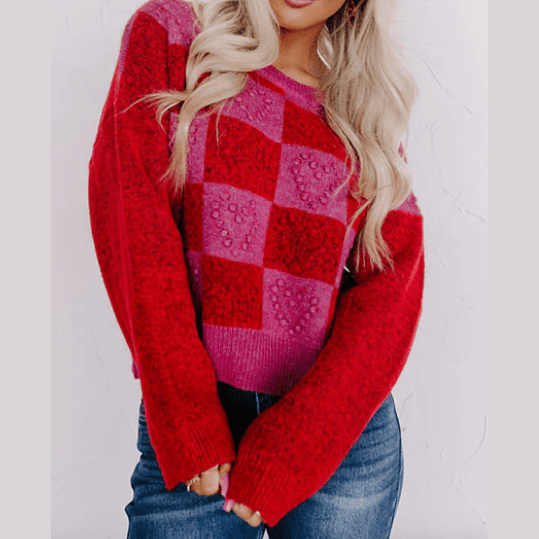 Laur Multicolor Checkered Pattern Heart Detail Textured Sweater