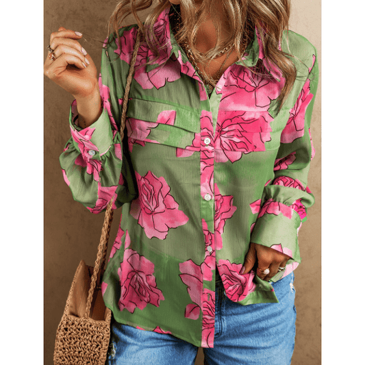 Giorgia Green Floral Print Pleated Detail Puff Sleeve Shirt