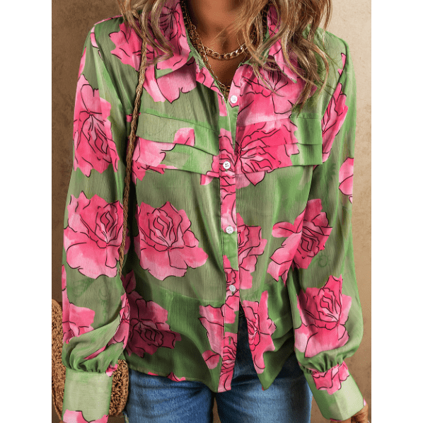 Giorgia Green Floral Print Pleated Detail Puff Sleeve Shirt