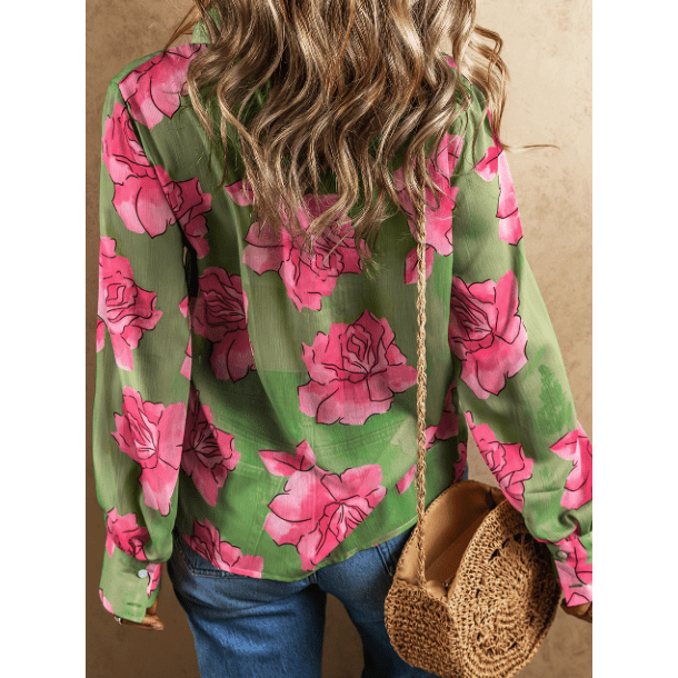 Giorgia Green Floral Print Pleated Detail Puff Sleeve Shirt