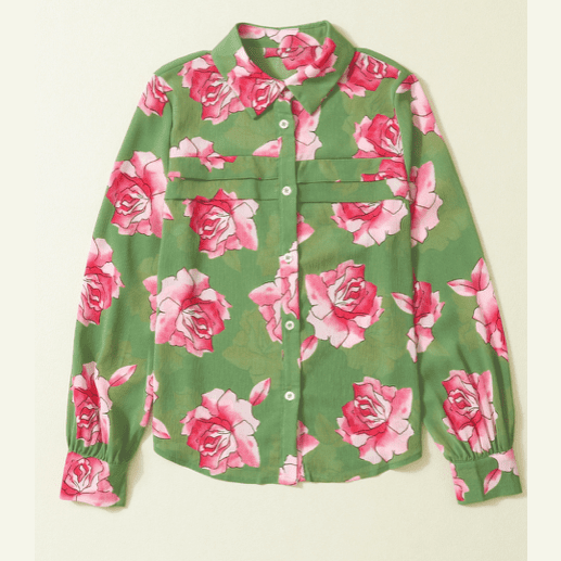 Giorgia Green Floral Print Pleated Detail Puff Sleeve Shirt