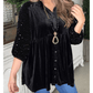 Vali Black Sequin Puff Sleeve Buttoned Velvet Peplum Shirt