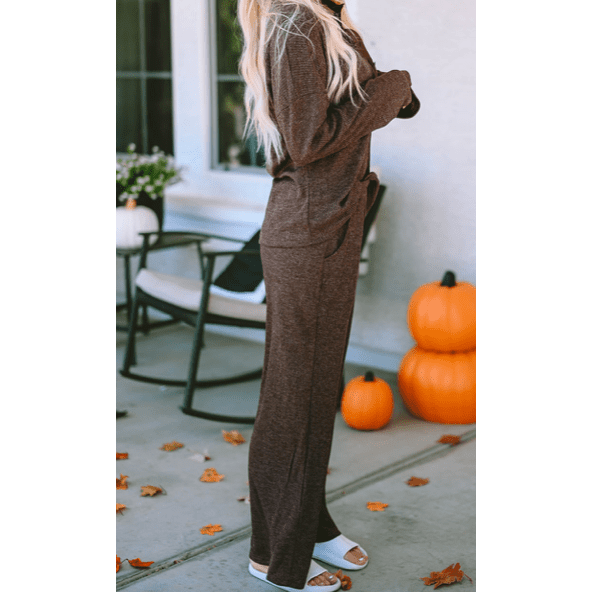 Brylie Brown Ribbed Knit Collared Henley Top and Pants Lounge Outfit