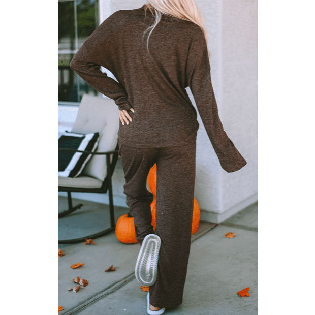 Brylie Brown Ribbed Knit Collared Henley Top and Pants Lounge Outfit