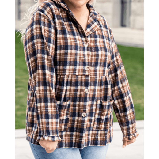 Delia Plaid Print PLUS SIZE Button-up Turn Down Collar  Coat