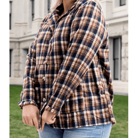 Delia Plaid Print PLUS SIZE Button-up Turn Down Collar  Coat