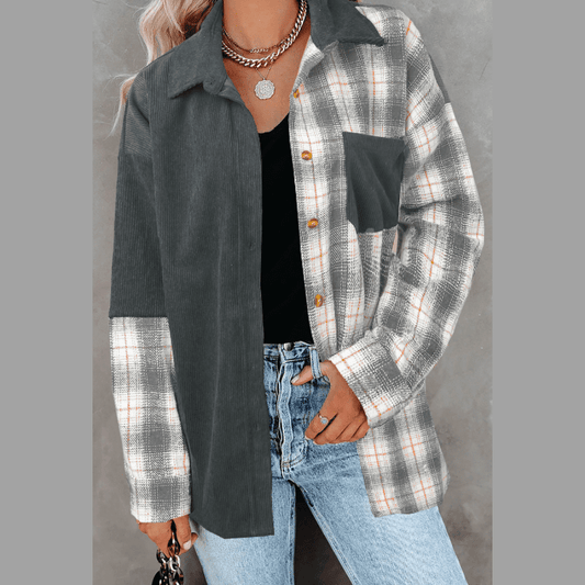 Tata Grey Plaid Color Block Button-up Oversize Corduroy Shirt