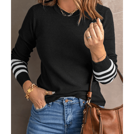 Dakota Black Striped Sleeve Plain Knit Sweater