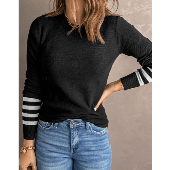 Dakota Black Striped Sleeve Plain Knit Sweater