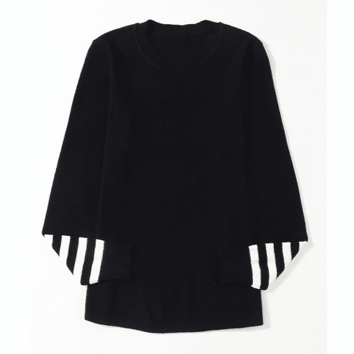 Dakota Black Striped Sleeve Plain Knit Sweater