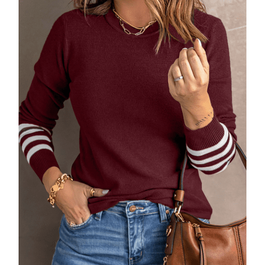 Dakota Wine Striped Sleeve Plain Knit Sweater