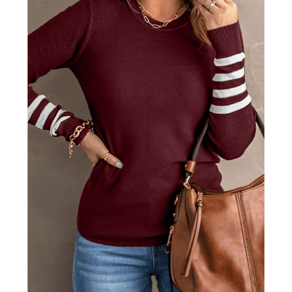 Dakota Wine Striped Sleeve Plain Knit Sweater