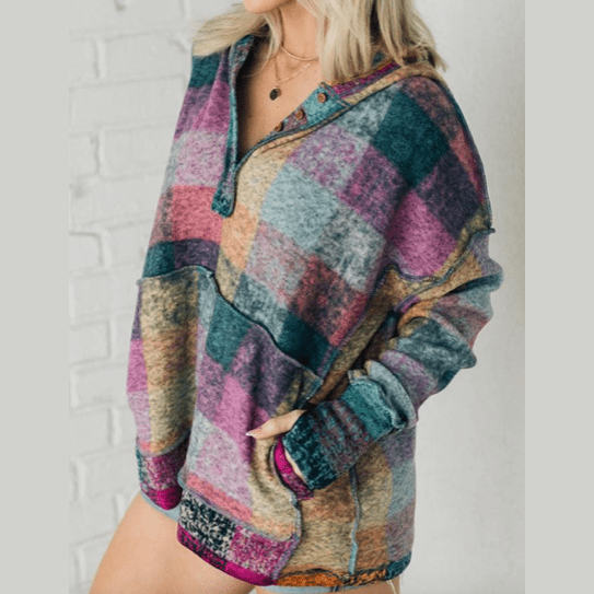 Zarie Multicolor Brushed Plaid Buttoned Pullover Oversized Hoodie