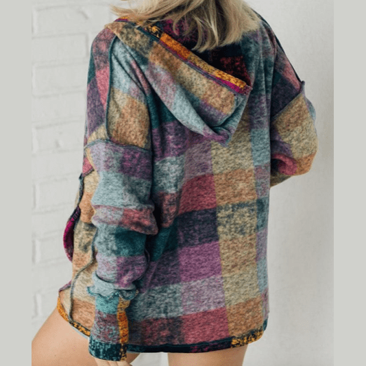 Zarie Multicolor Brushed Plaid Buttoned Pullover Oversized Hoodie