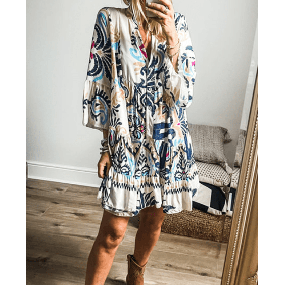 Ornette Tribal Print Bracelet Sleeve Buttoned Mini Dress