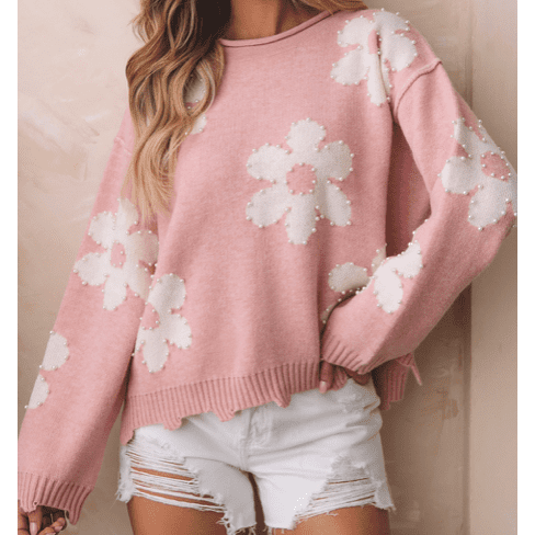 Vivia Pearl Beaded Floral Drop Shoulder Sweater