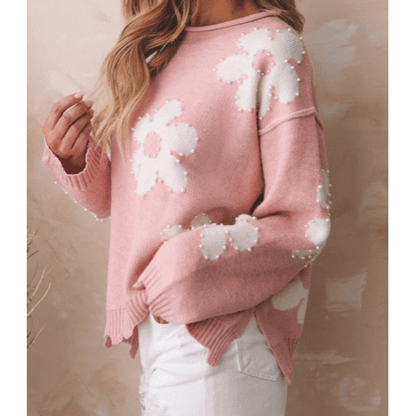 Vivia Pearl Beaded Floral Drop Shoulder Sweater