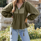 Shayne Green Embroidered Split Neck Pleated Loose Blouse