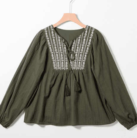 Shayne Green Embroidered Split Neck Pleated Loose Blouse