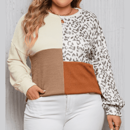 Daria Khaki Ribbed Color Block Leopard Splicing PLUS SIZE Top