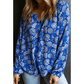 Macee Blue Floral Notched V-Neck Long Sleeve Blouse