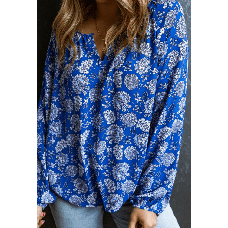 Macee Blue Floral Notched V-Neck Long Sleeve Blouse