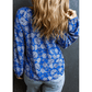 Macee Blue Floral Notched V-Neck Long Sleeve Blouse