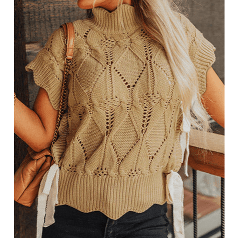 Kass Light French Beige Hollowed Knit Scalloped Trim High Neck Sweater