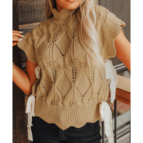 Kass Light French Beige Hollowed Knit Scalloped Trim High Neck Sweater