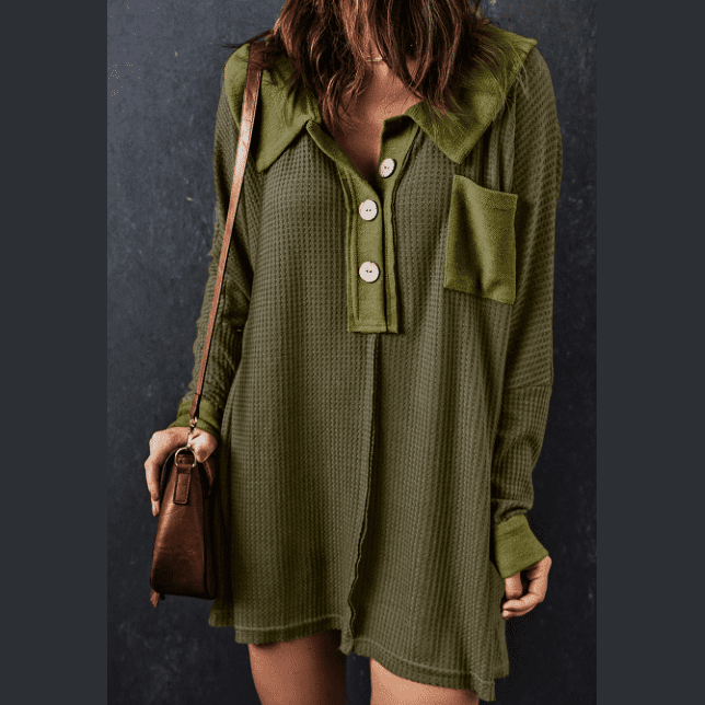 Vernee Green Waffle Knit Buttoned Long Sleeve Top